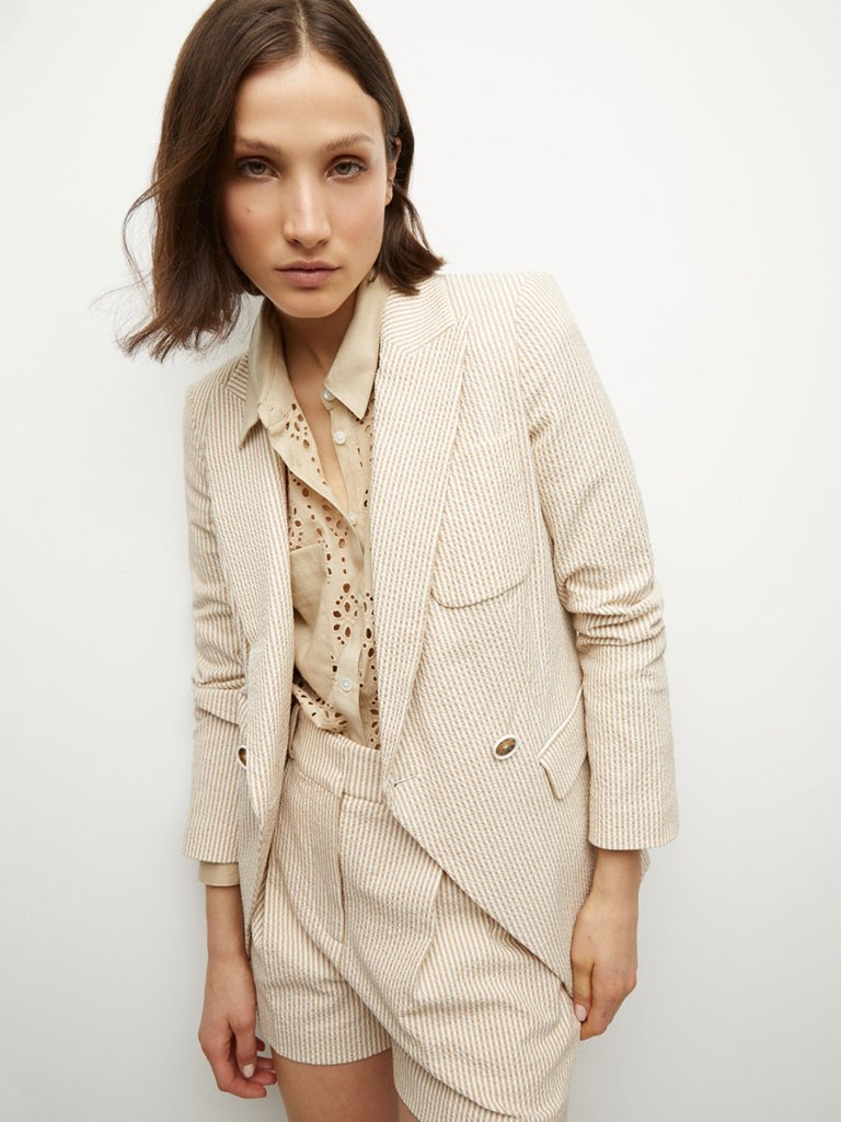Veronica Beard Didion Seersucker Jacket Khaki White Cotton Size 10 New Tag $648